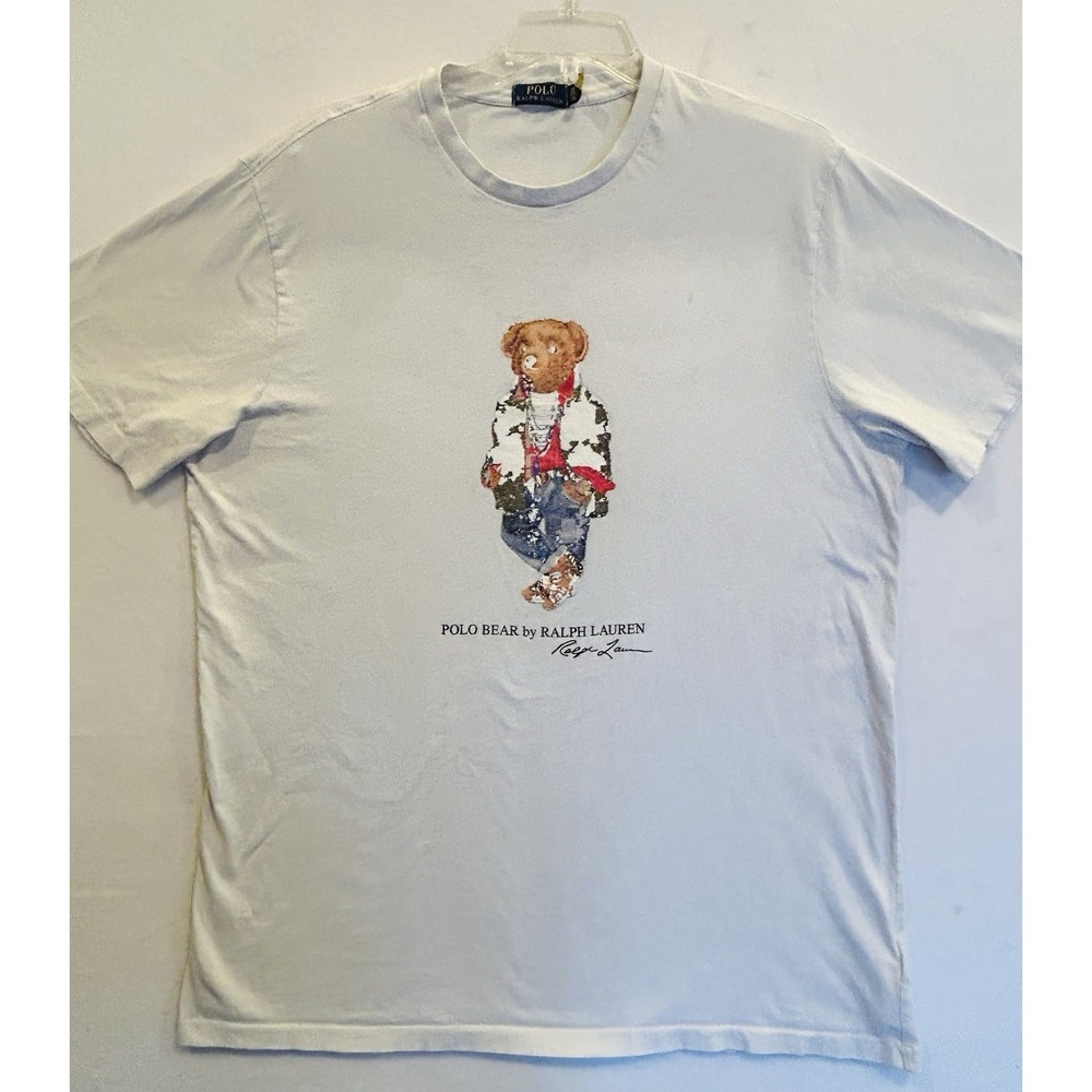 Polo Bear by Ralph Lauren White Graphic T-Shirt Preppy Camo Jacket Bear Men XLT - Picture 2 of 8